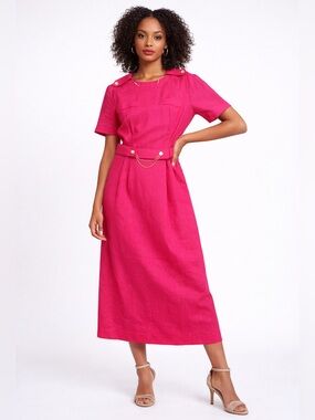 Vintage Katie Pink Linen Blend Midi Dress Belted Gold Chain 80s M